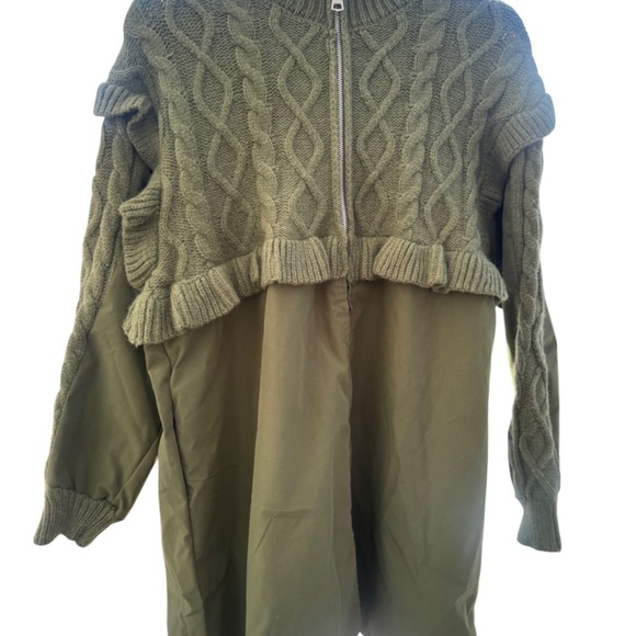 None Jackets & Blazers - Green Cable Knit Cardigan with Zipper Front
